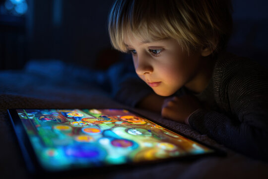 همه چیز درمورد منفعت گیری کودکان از هوش مصنوعی_به رنگ صبح 21 نگاه کودک به صفحه تبلت در تاریکی