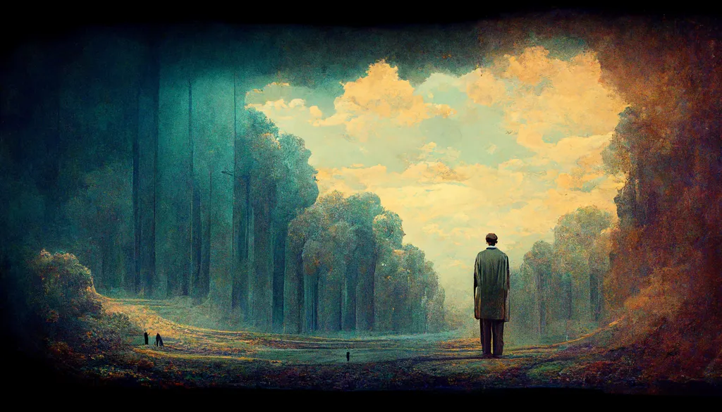 مقصد از خلقت انسان چیست؟ بررسی جامع از منظر دین، فلسفه و علم 4 مرد در نمای نقاشی درختان سبز پاییزی و آسمان